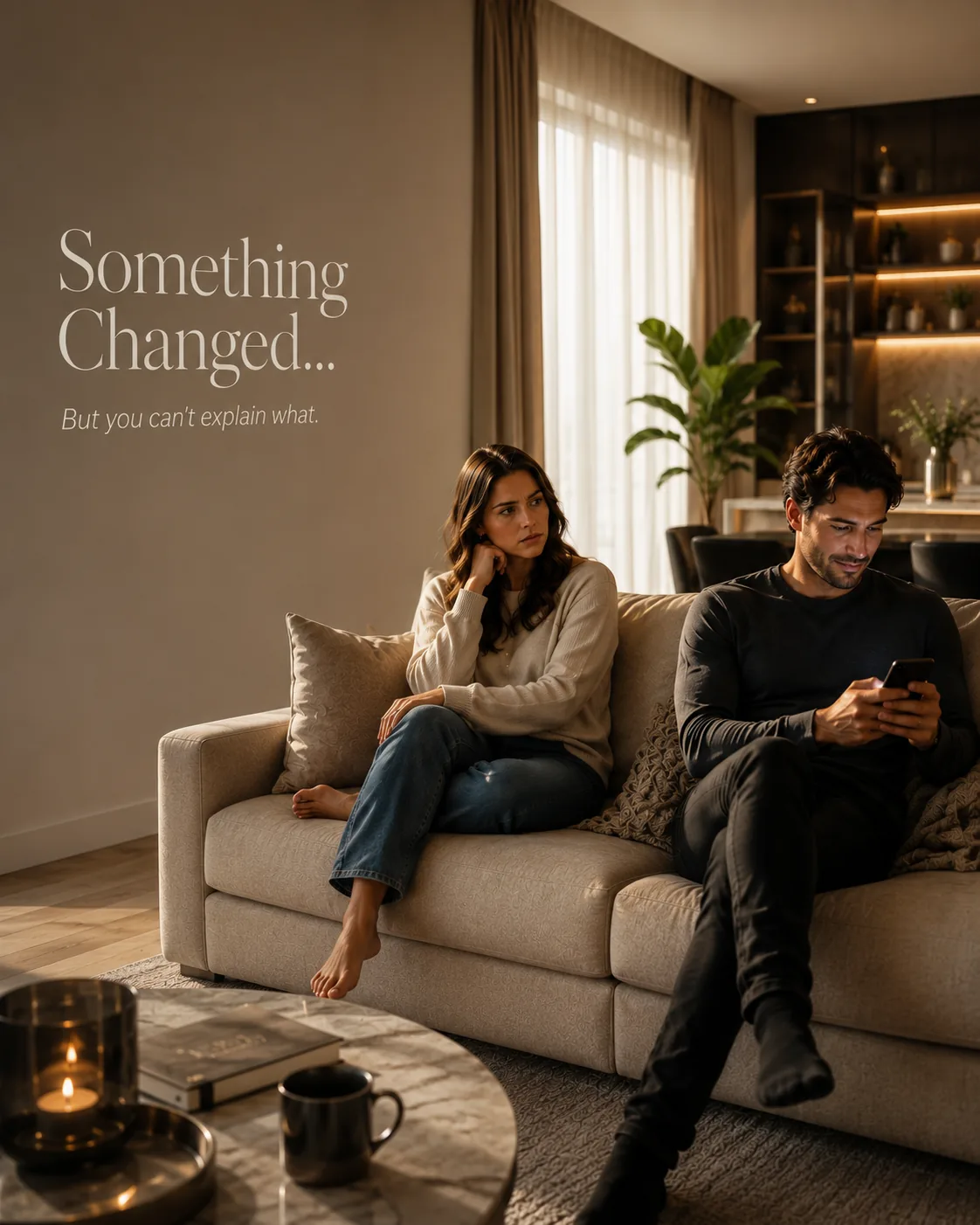 Emotionally distant couple sitting on a sofa in a modern living room